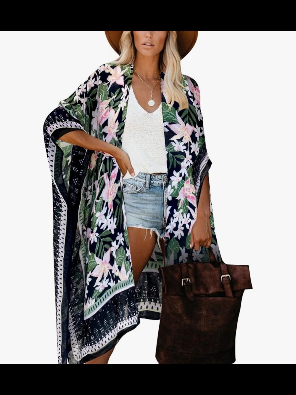 Floral Open-Front Kimono Shrug - Black & Green